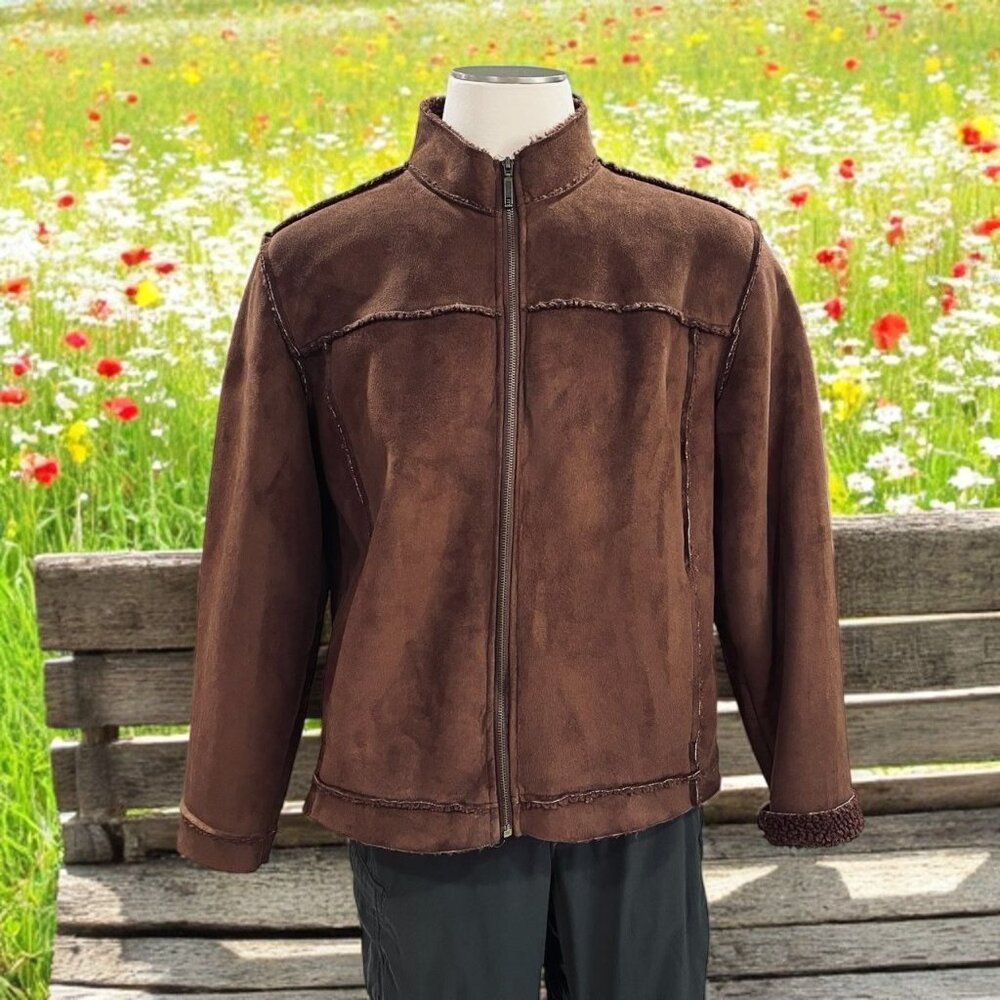 Vintage Carbon Brown Sherpa Lined Faux Suede Jacket Y2K‎ Western Grunge Cozy